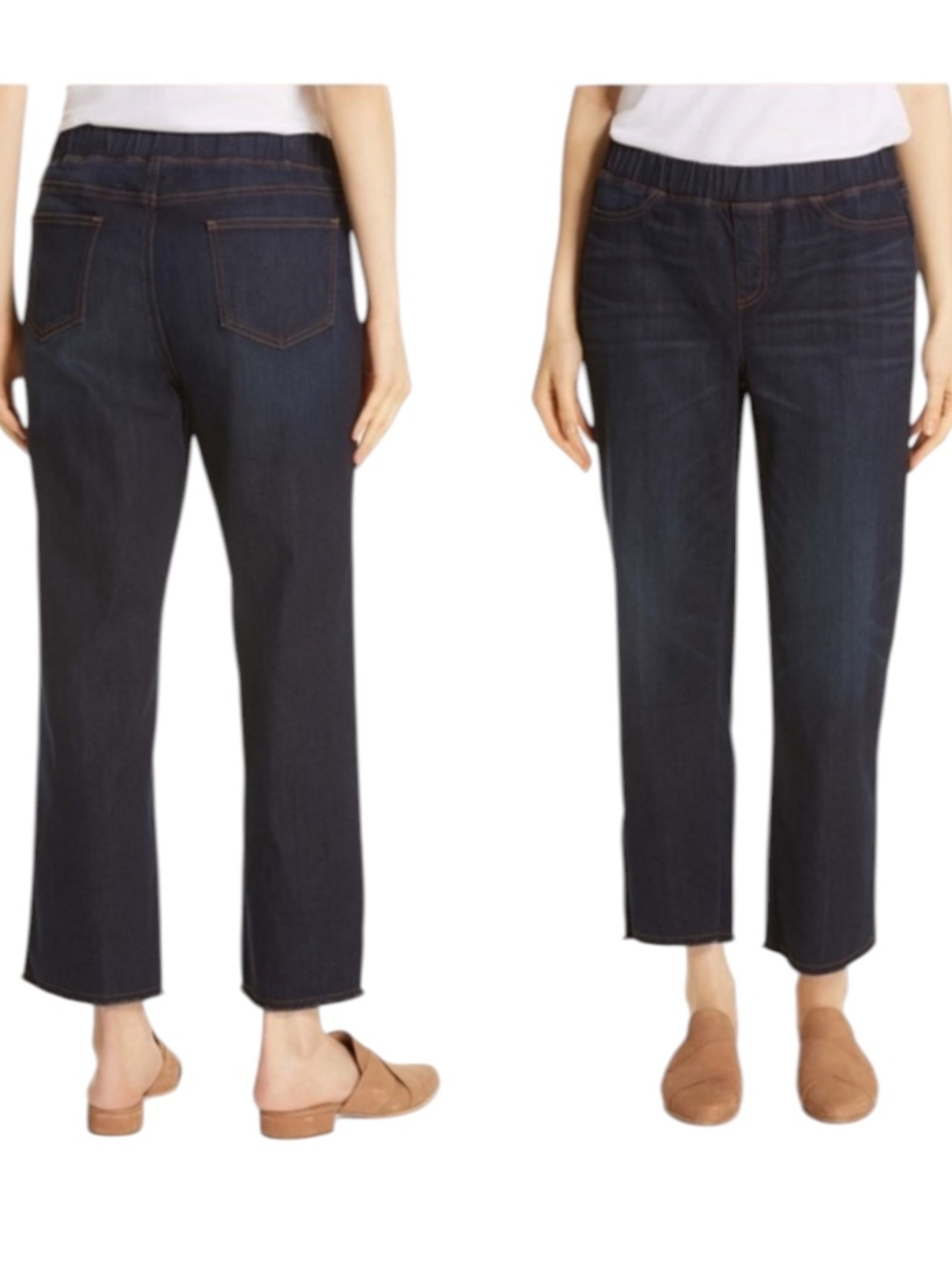 Eileen Fisher Pull on Ankle Jeans Frayed Hem Size L Organic Cotton Blend Boho